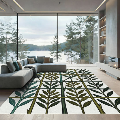 Green Leafy Branches Grid Rug