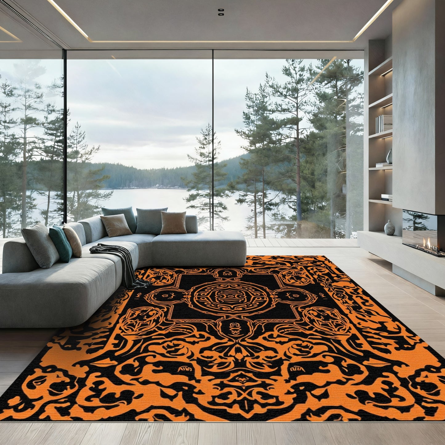 Orange Black Ornate Mandala Rug