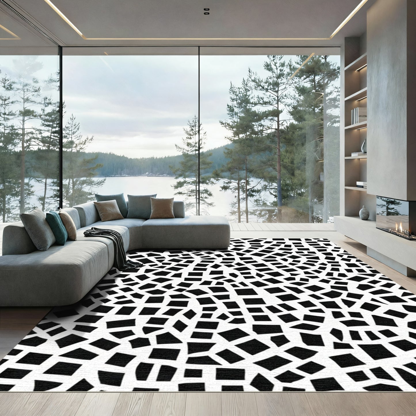 Black White Fragmented Square Collage Rug