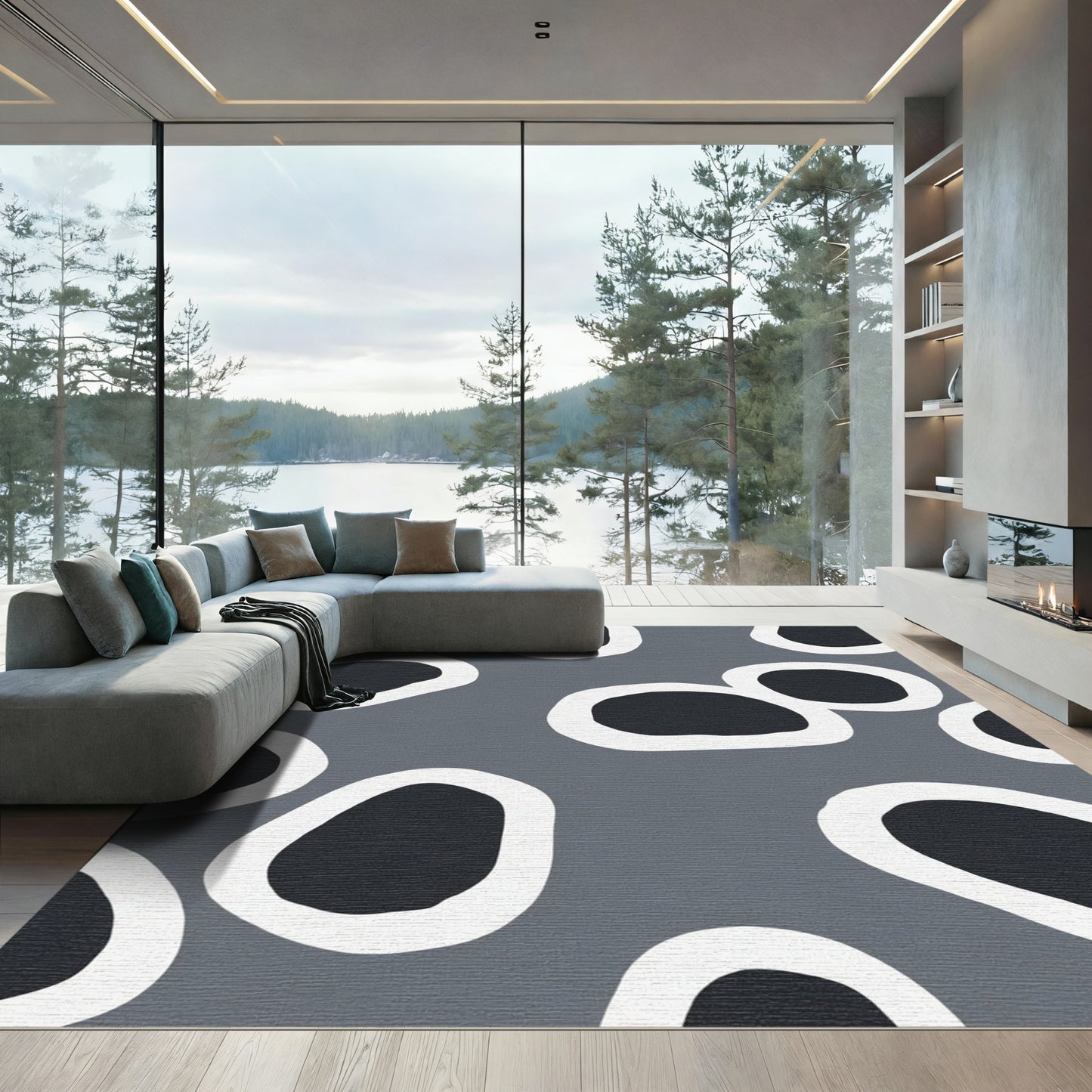 Abstract Gray And Black Blob Rug