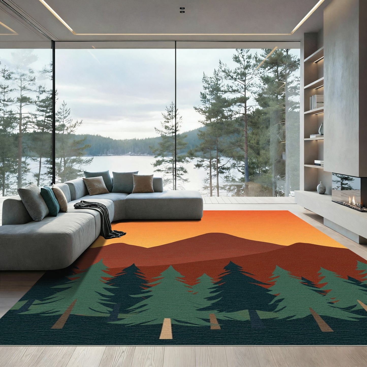 Amber Sunset Mountain Forest Landscape Rug