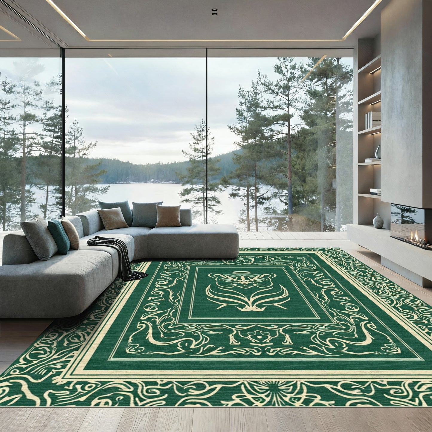 Emerald Tiger Face Ornate Border Rug