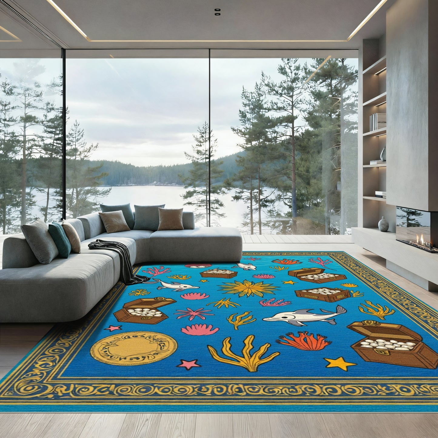 Whimsical Dolphin Treasure Chest Undersea Rug