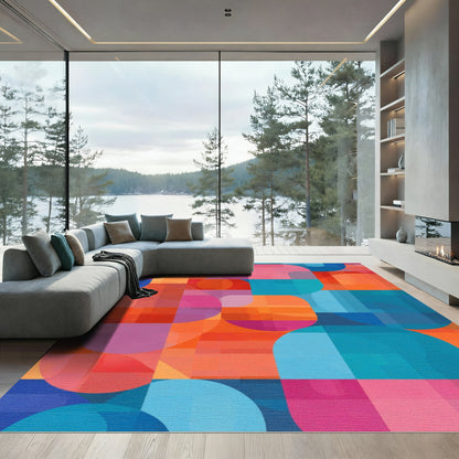 Vibrant Geometric Circles and Squares Rug