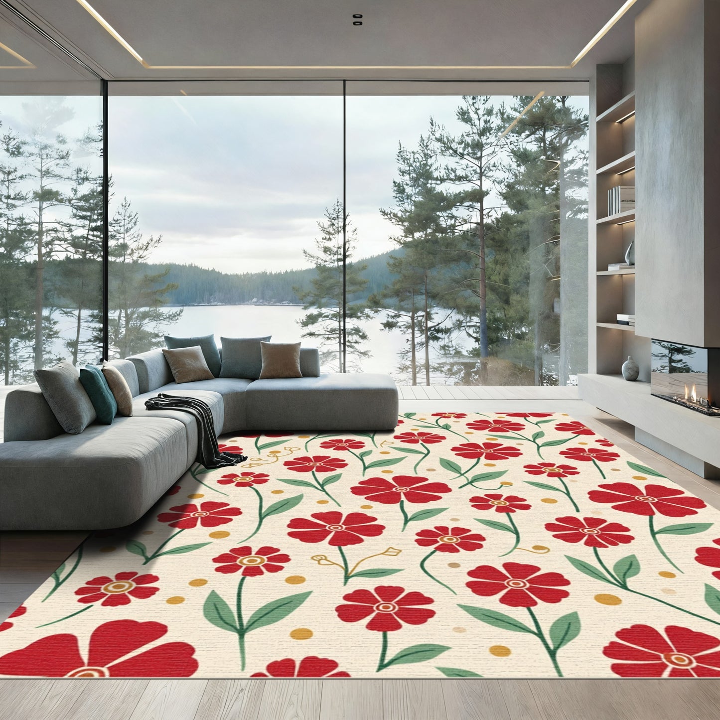 Red Blooming Floral Garland Rug