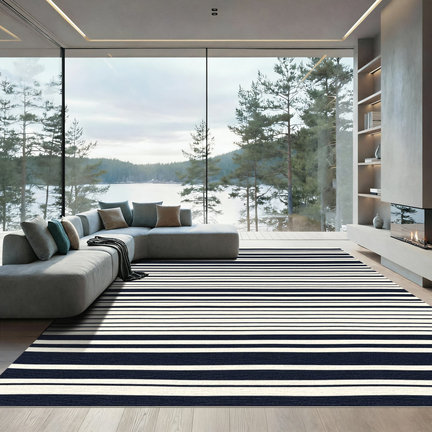 Classic Navy and Cream Striped Rug