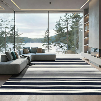Classic Navy and Cream Striped Rug