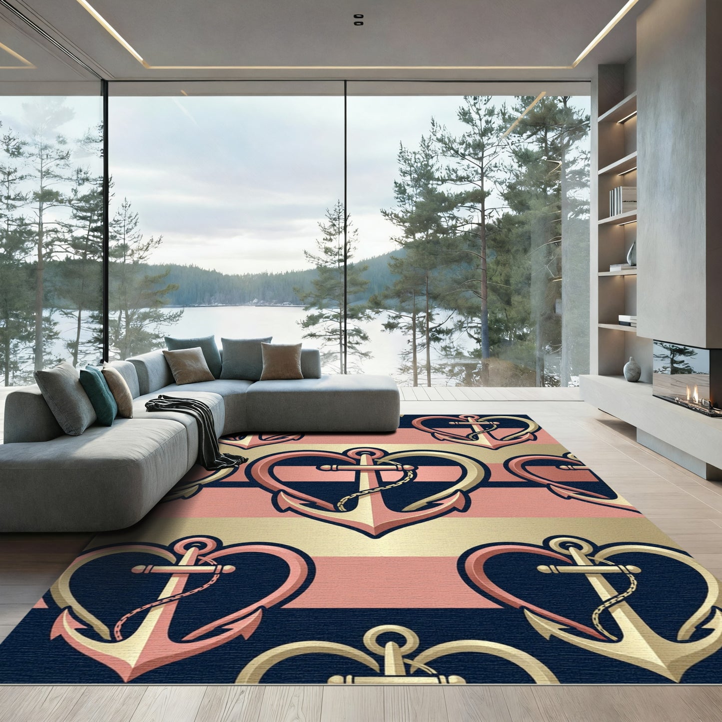 Nautical Heart Anchor Stripes Rug