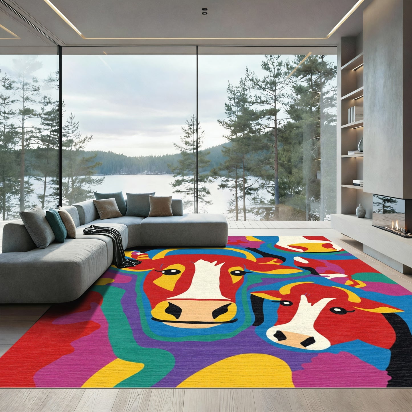 Vibrant Red Cow Family Collage Rug
