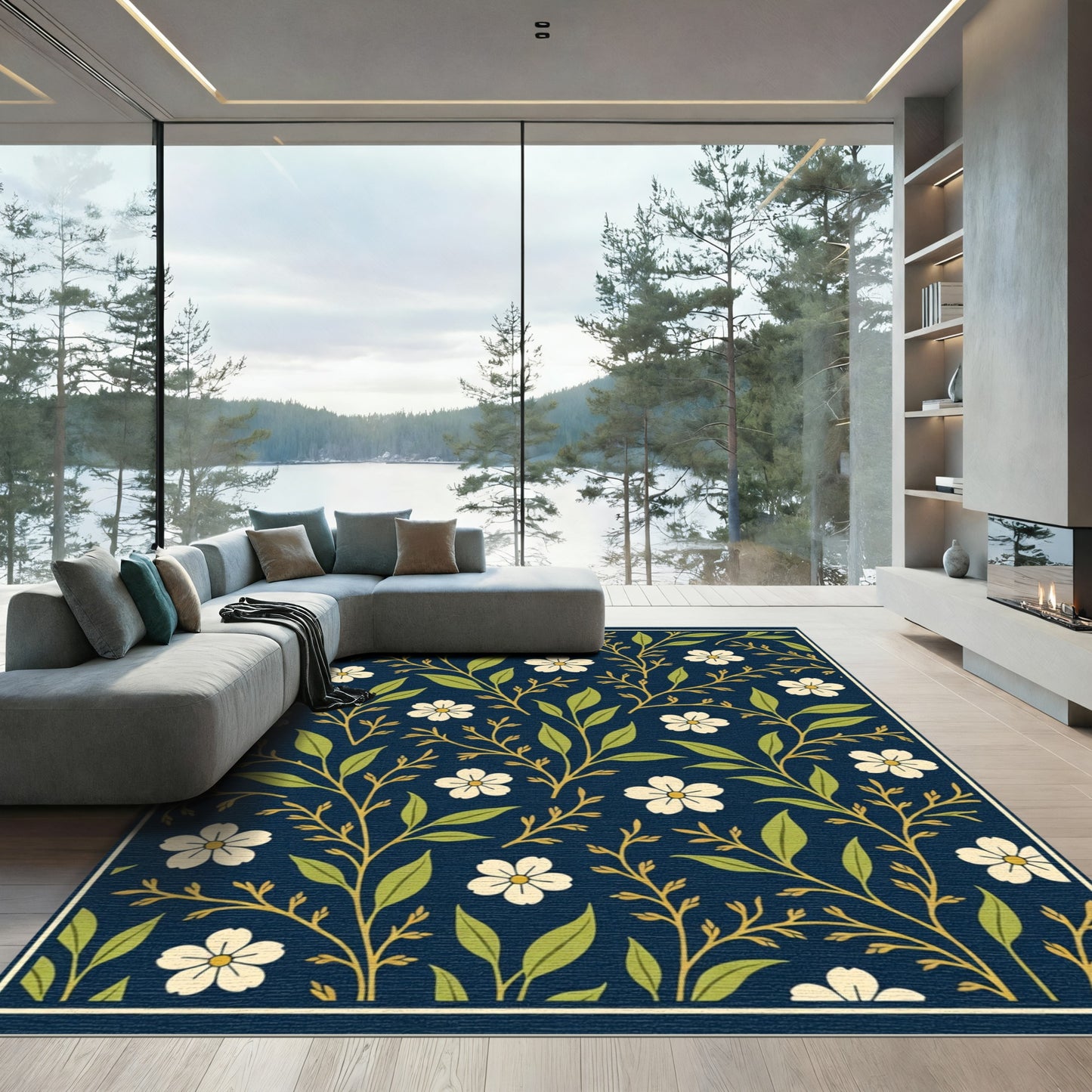 Dark Blue Vintage Floral Branch Rug