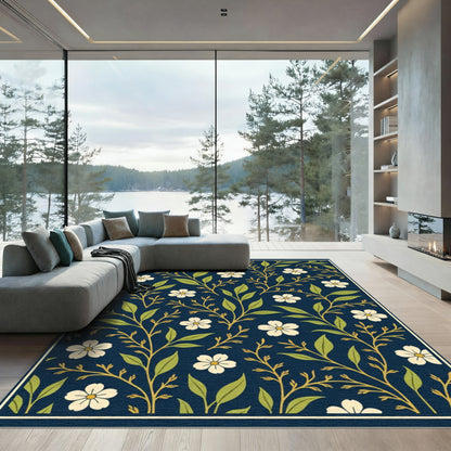 Dark Blue Vintage Floral Branch Rug