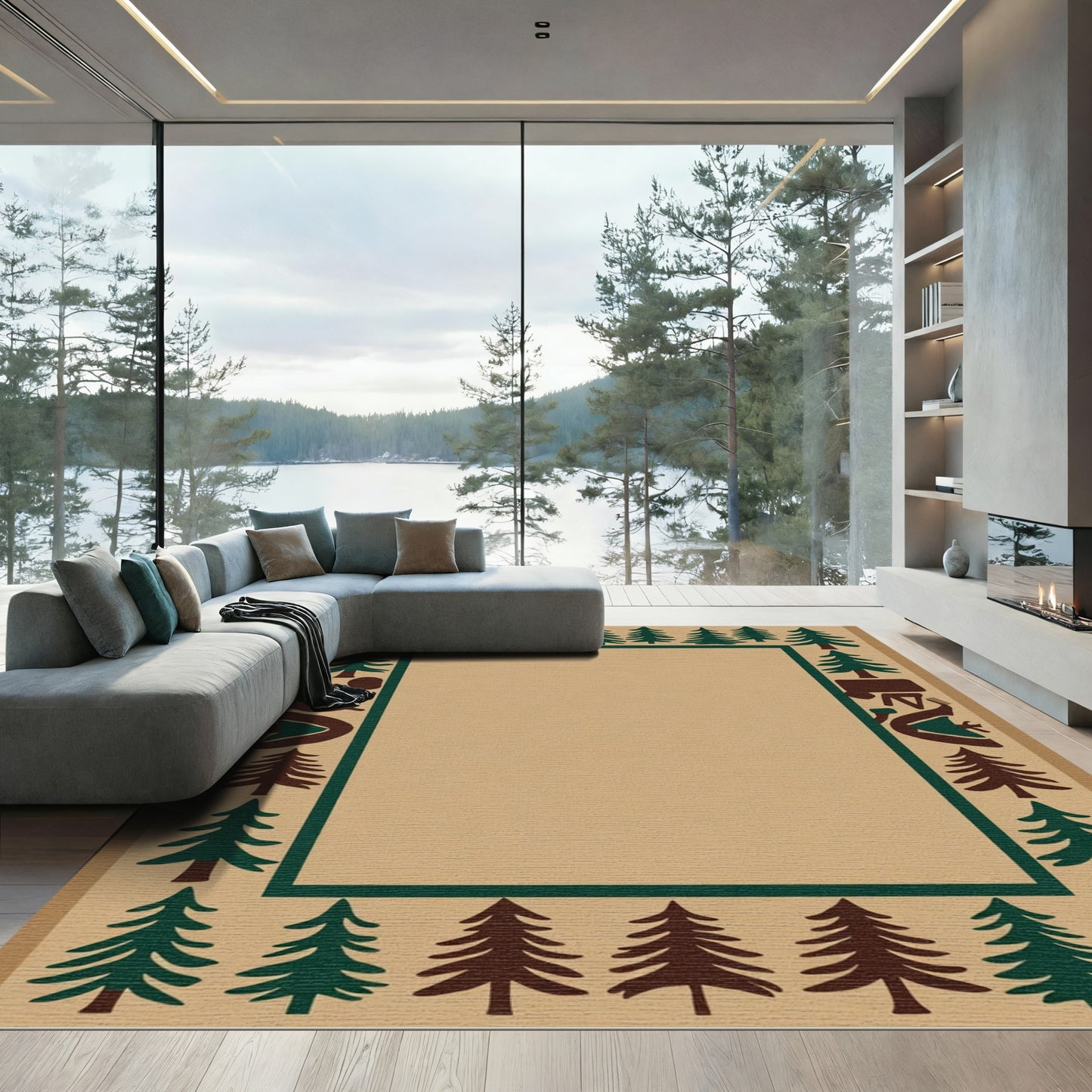 Rustic Forest Landscape Border Rug