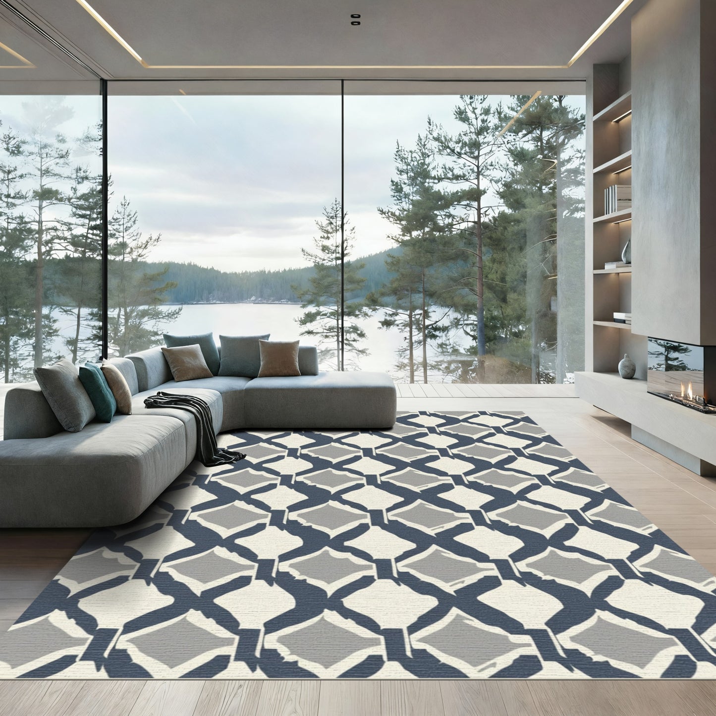 Navy Gray Diamond Lattice Texture Rug