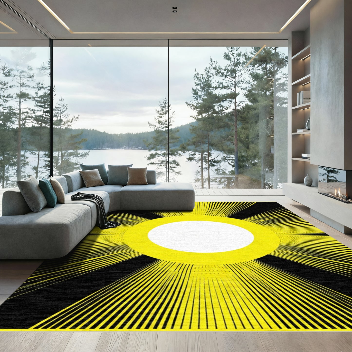 Radiant Yellow Sunburst Black Rug