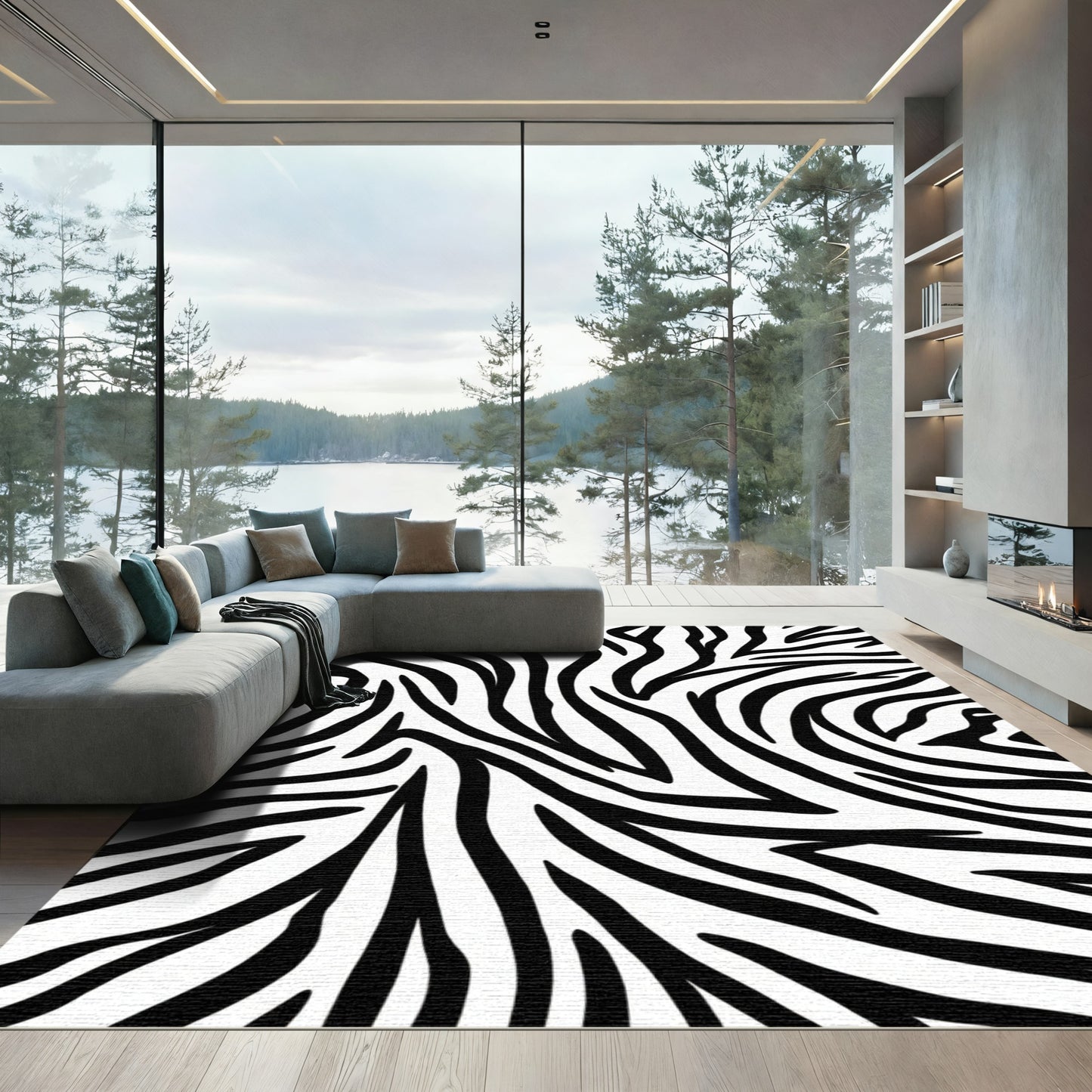 Striking Black White Wavy Lines Rug