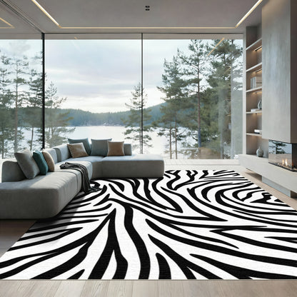 Striking Black White Wavy Lines Rug