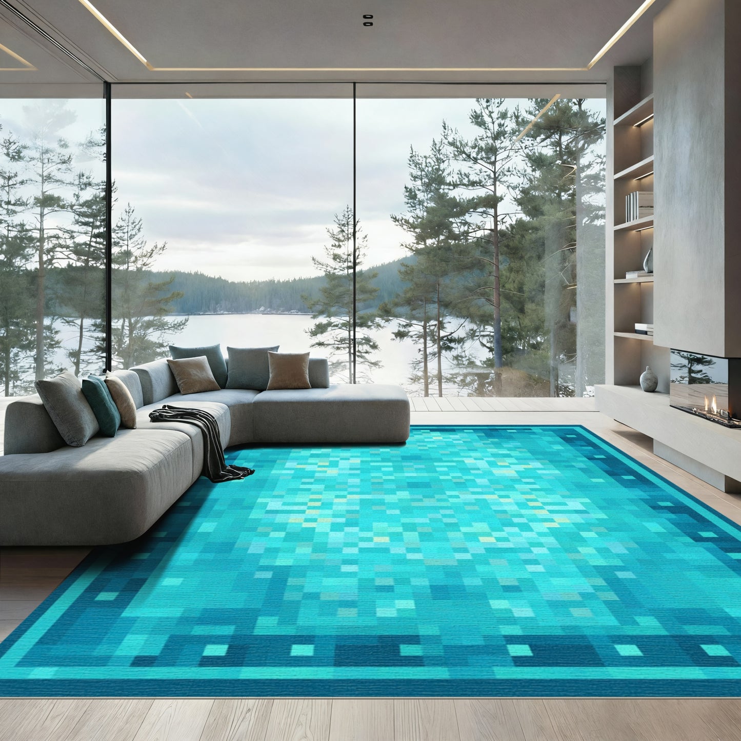 Aqua Blue Ocean Gradient Squares Rug