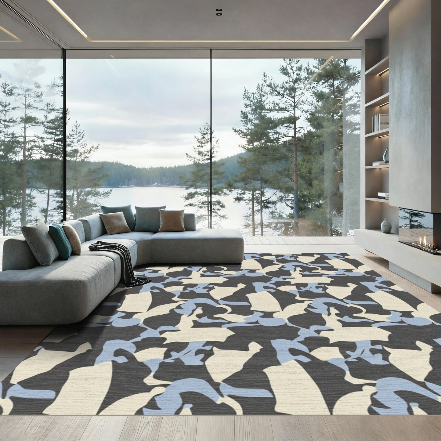 Abstract Slate Sky Cream Camouflage Rug