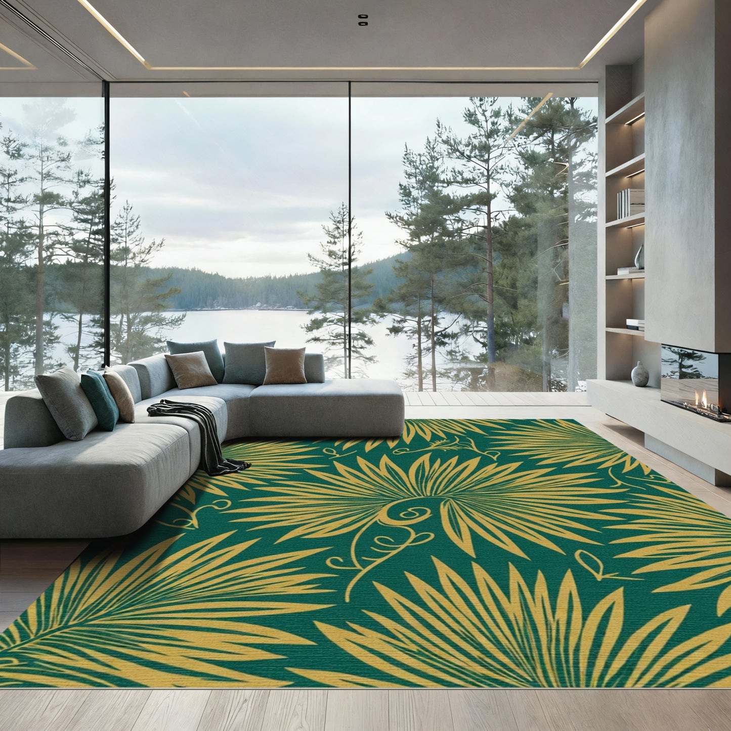 Emerald Gold Tropical Palm Frond Rug