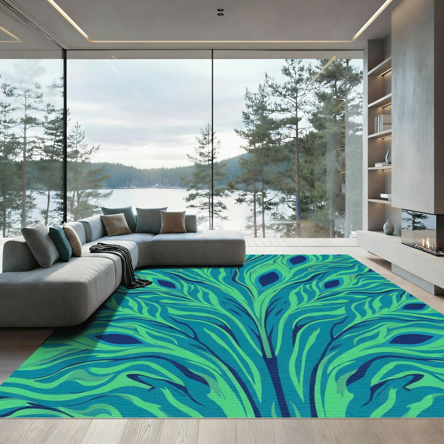 Blue Green Feather Fluid Lines Rug