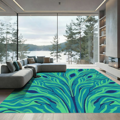 Blue Green Feather Fluid Lines Rug