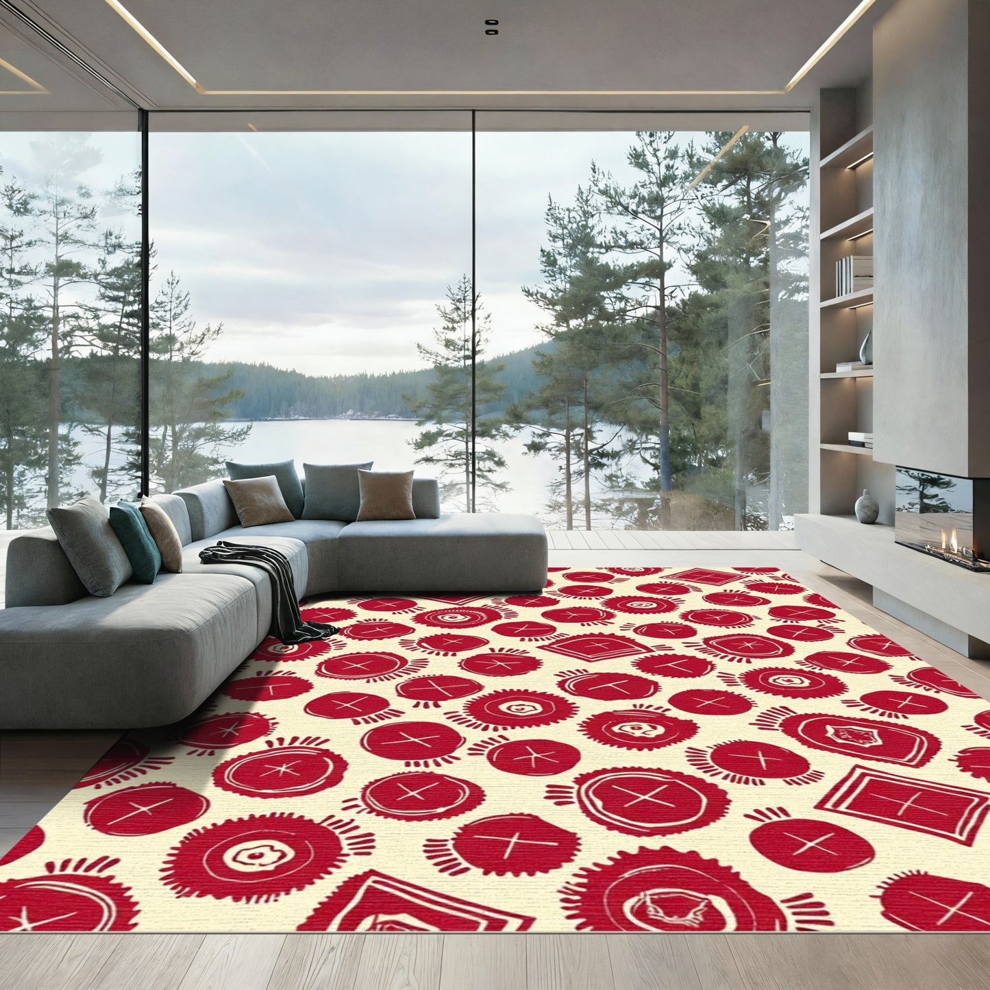 Crimson Circles And Squares Whimsical Pattern Rug