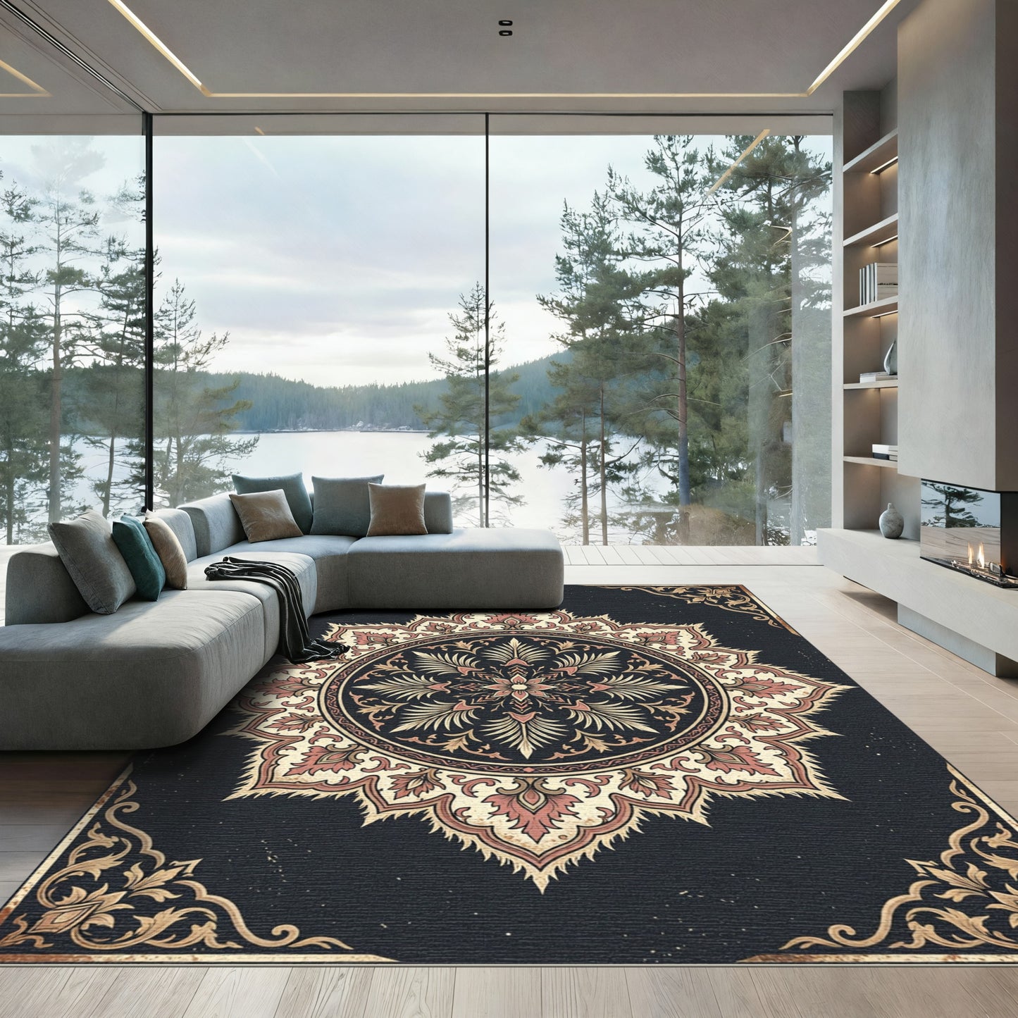 Ornate Cream and Rose Floral Medallion Rug
