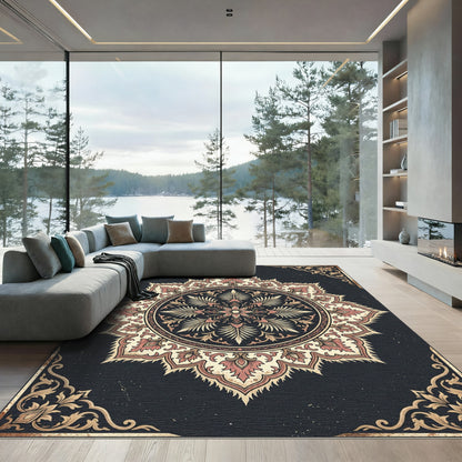 Ornate Cream and Rose Floral Medallion Rug