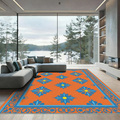 Vibrant Orange Blue Floral Garden Rug