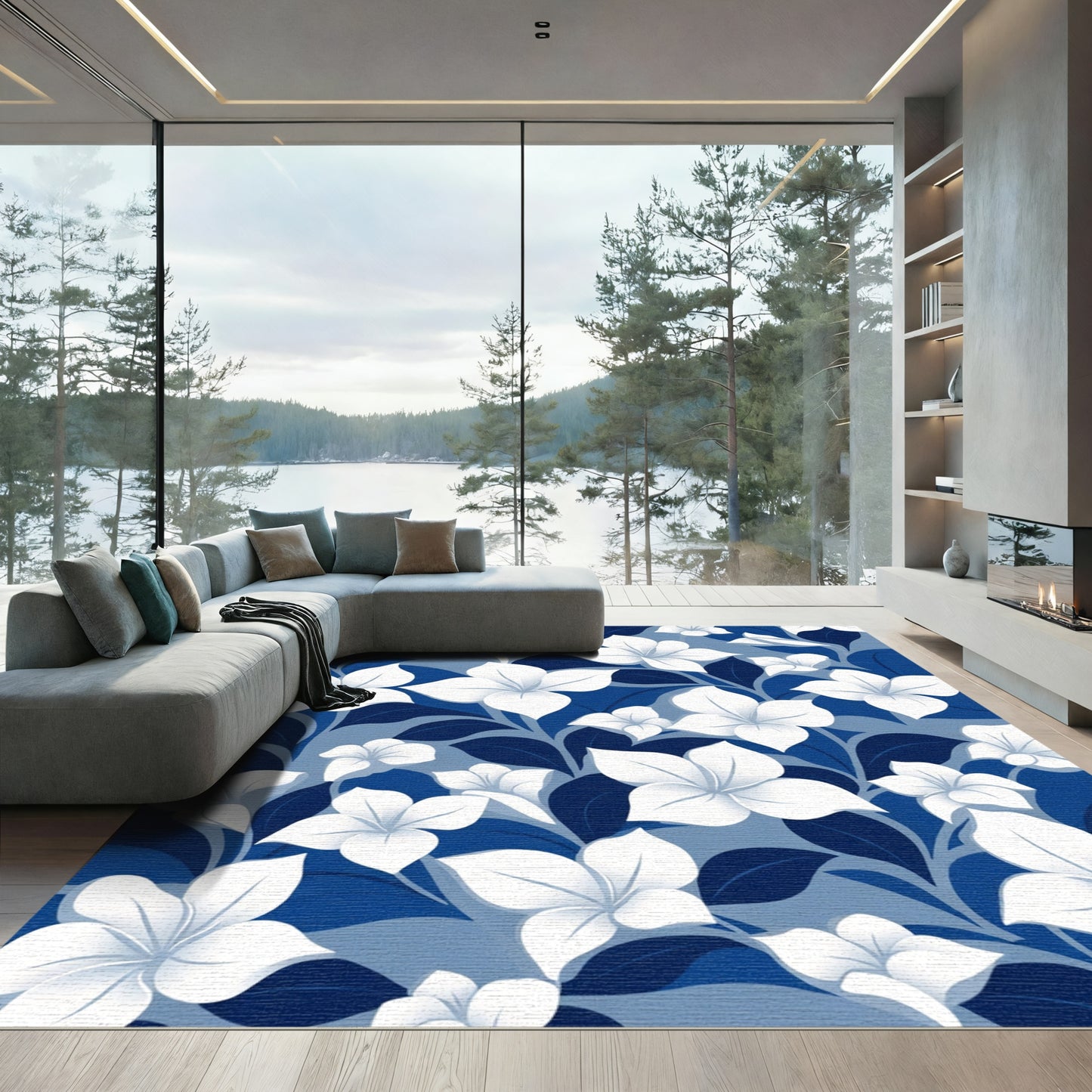 White Floral Vines Blue Background Rug