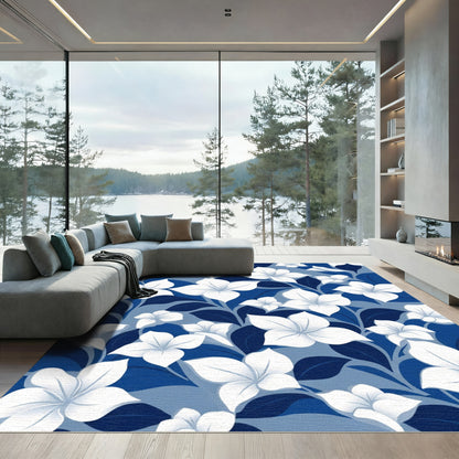 White Floral Vines Blue Background Rug