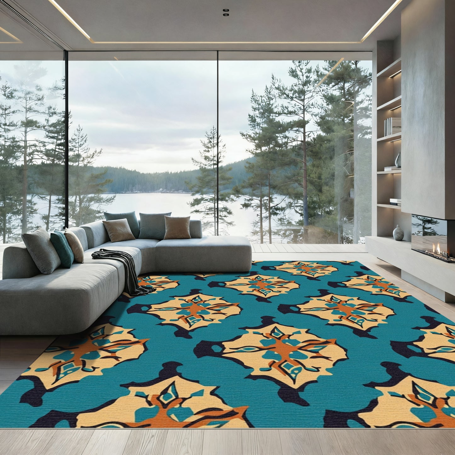 Teal Tan Abstract Mid Century Motif Rug
