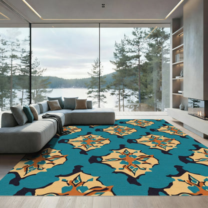 Teal Tan Abstract Mid Century Motif Rug