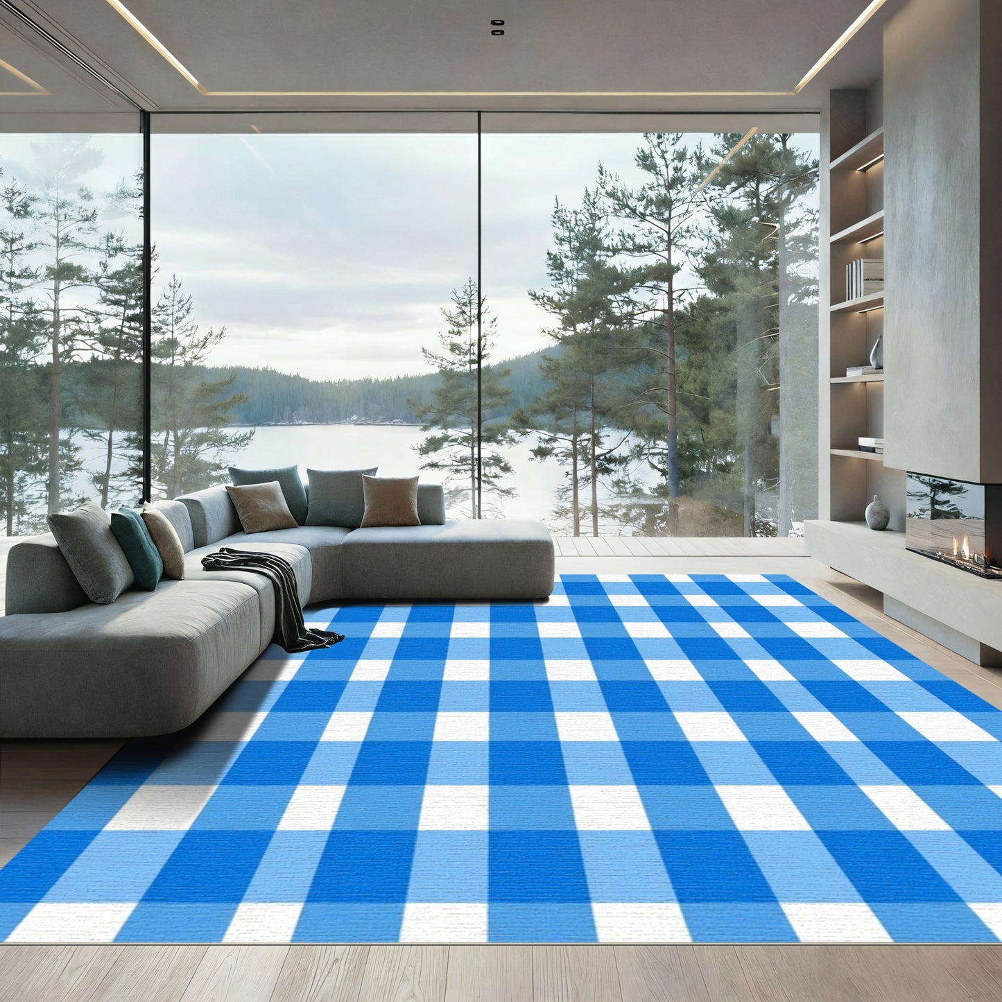 Vibrant Royal Blue White Lattice Rug