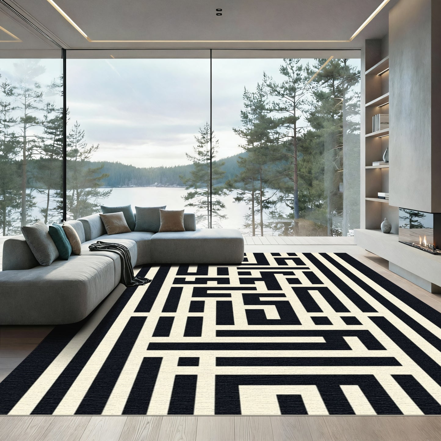 Modern Black Cream Geometric Maze Rug