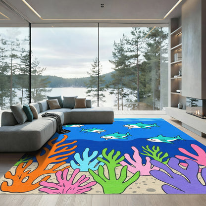 Playful Teal Sharks Coral Reef Rug