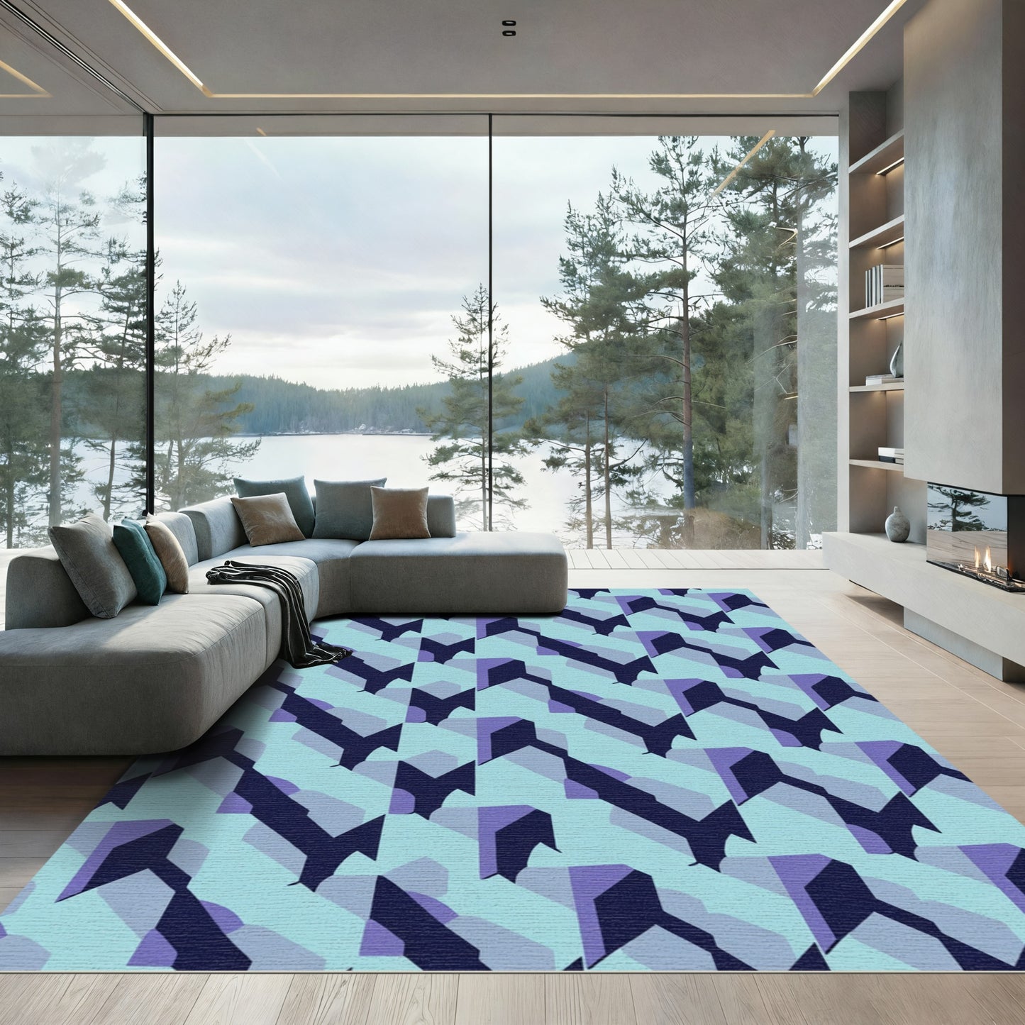 Muted Teal Purple Geometric Cascade Rug