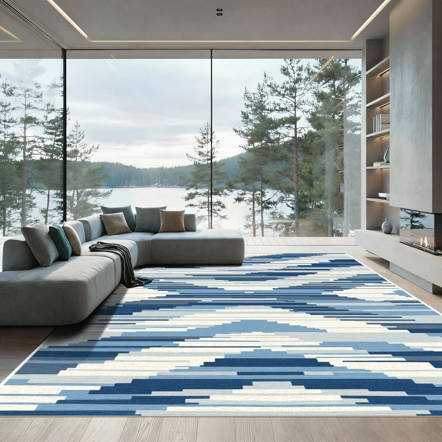 Geometric Blue Chevron Striations Rug