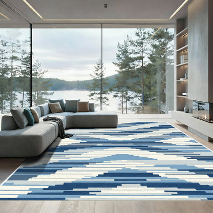 Geometric Blue Chevron Striations Rug
