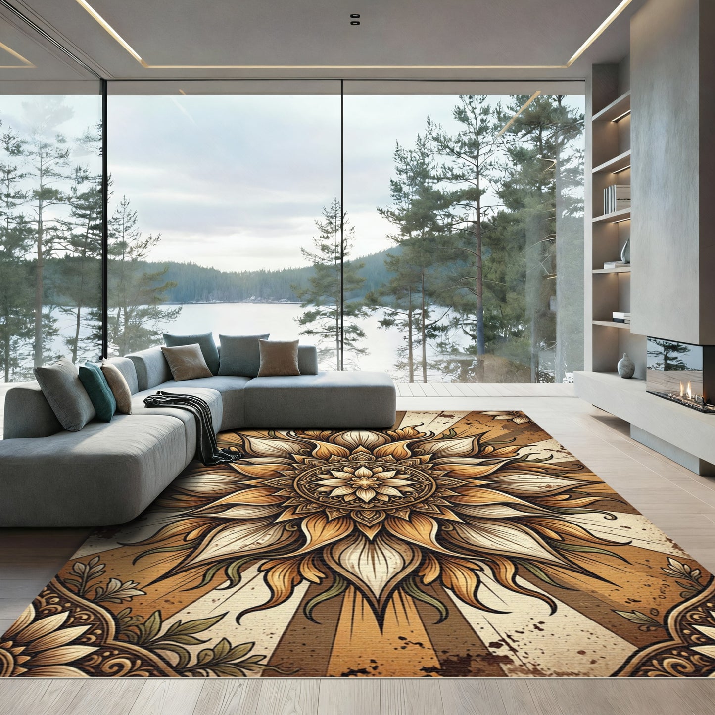 Golden Floral Mandala Radiance Rug
