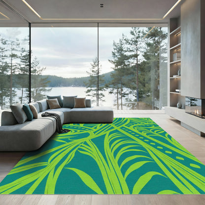 Teal Lime Abstract Leafy Swirl Rug