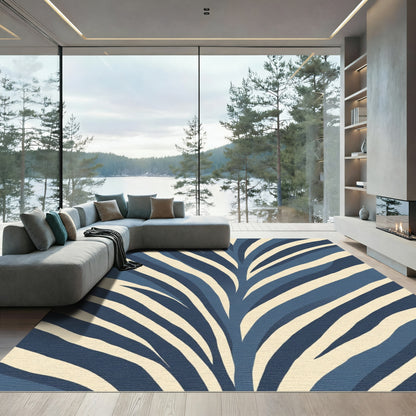 Deep Blue Cream Stripe Abstract Rug