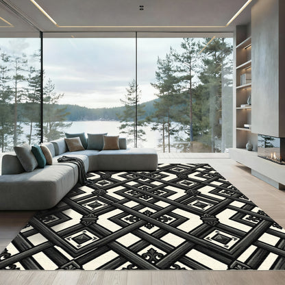 Gothic Charcoal Lattice Fleur Diamond Grid Rug