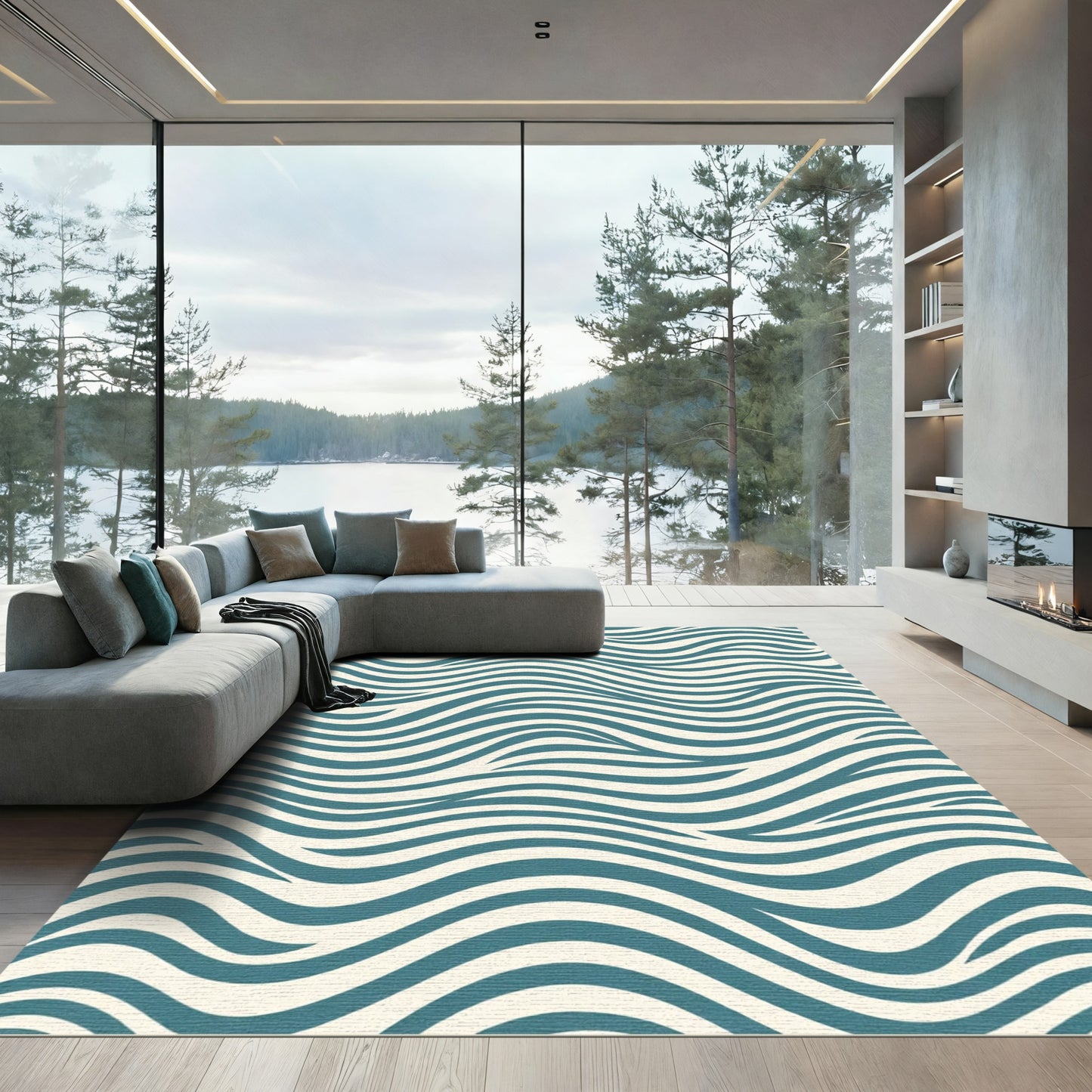 Teal Cream Organic Wave Rug
