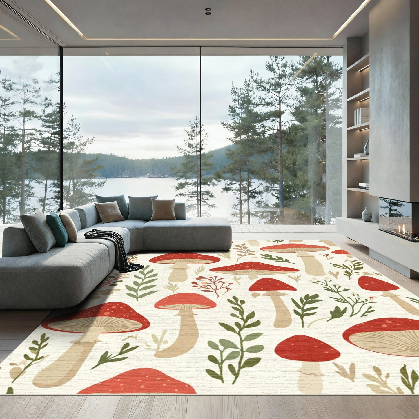 Red White Mushroom Forest Foliage Rug