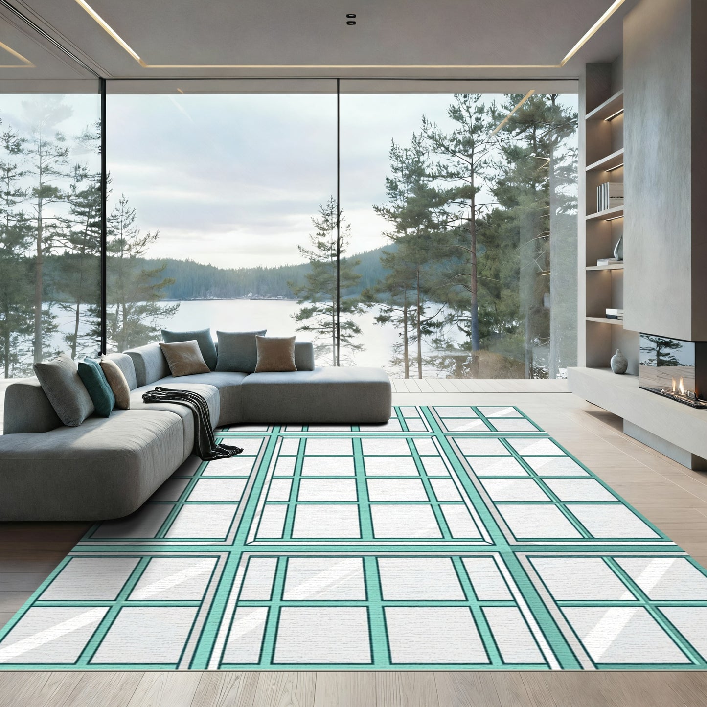Teal Grid Window Pane Rug