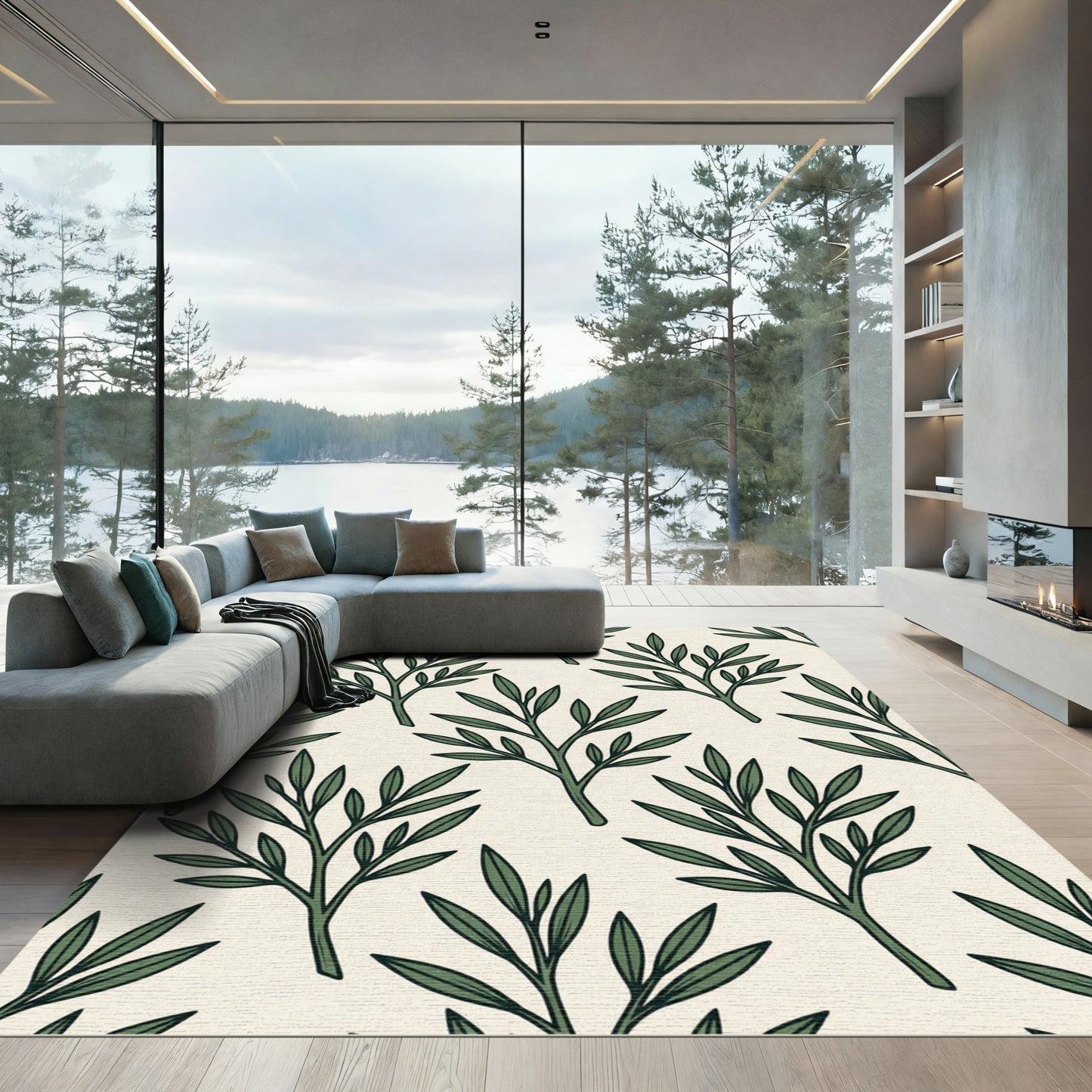 Sage Green Botanic Leaf Sketch Rug