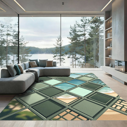 Teal Geometric Overlapping Diamond Coastal View Rug