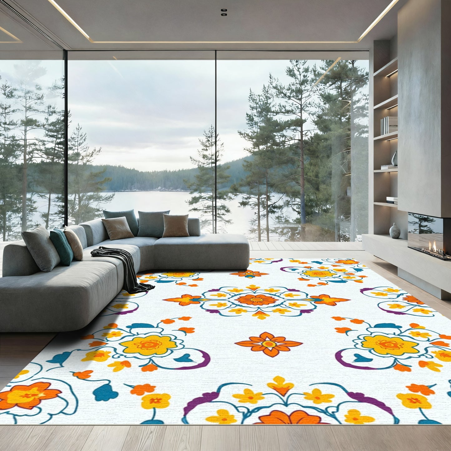 Vibrant Orange Yellow Floral Medallion Rug