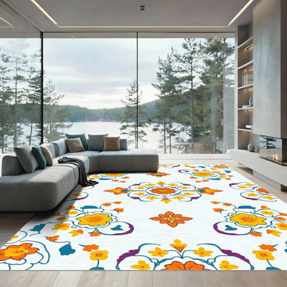 Vibrant Orange Yellow Floral Medallion Rug